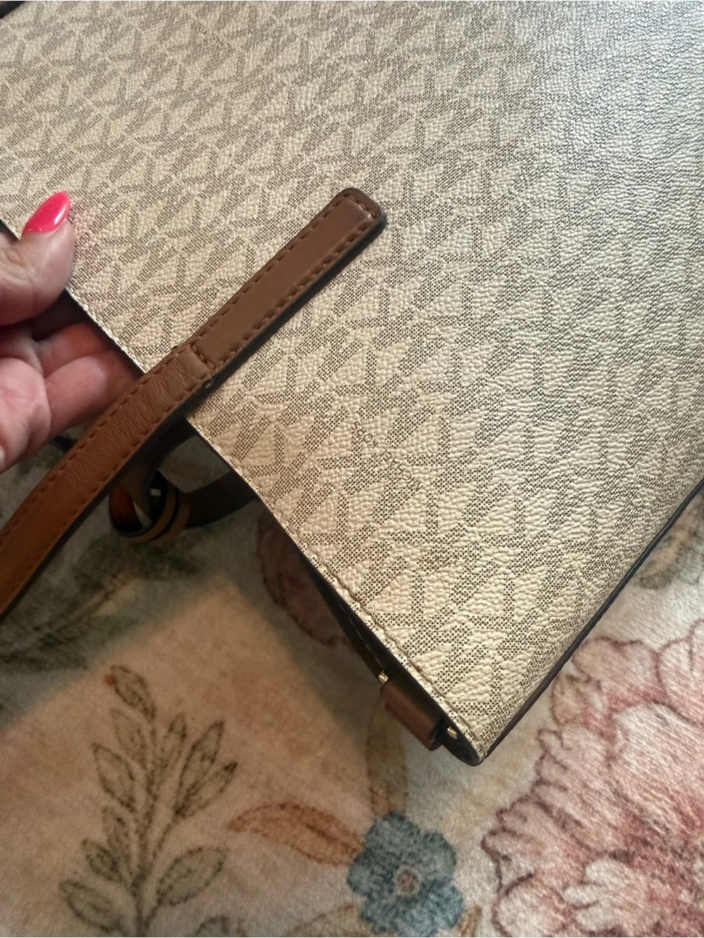 Michael Kors Beige Signature MK Logo Tote with Brown Leather Straps